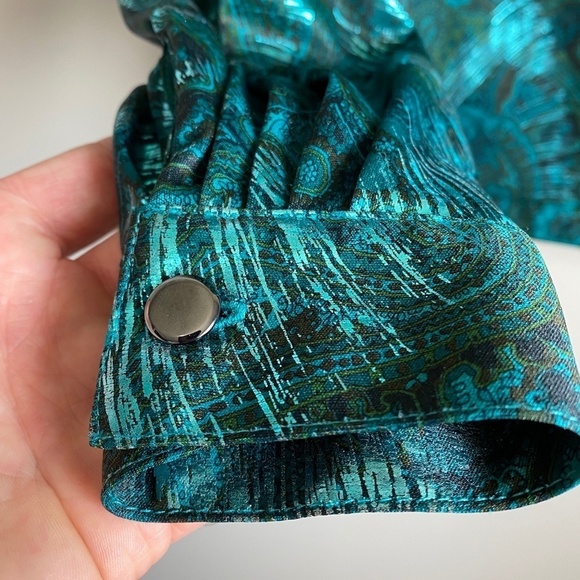 Bernard Cowan Vintage Satin Blouse Green Metallic Mock Neck Size 11/12 - Picture 4 of 13